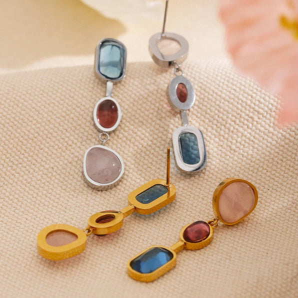 Yhpup 316l aço inoxidável pedra natural geométrica gota balançar brincos para mulheres pvd 18k banhado jóias de moda de alta qualidade