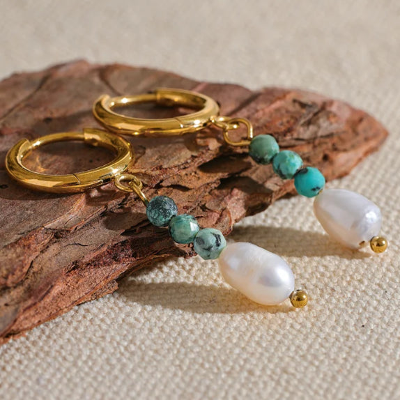Yhpup requintado aço inoxidável pedra natural de água doce pérola grânulo gota brincos de argola moda diária artesanal jóias bijoux