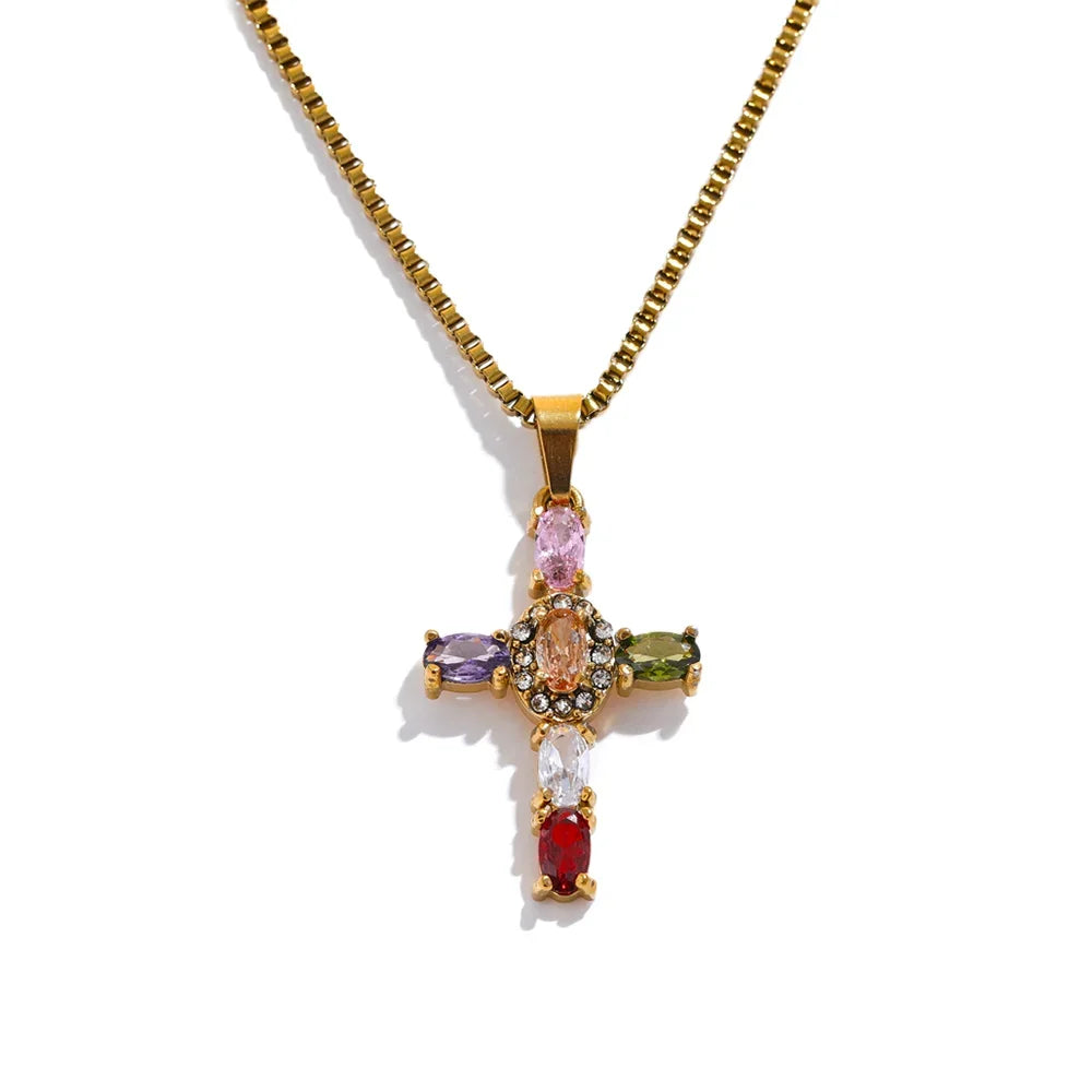 Yhpup delicado colorido bling zircônia cúbica cruz pingente de aço inoxidável colar de luxo de alta qualidade moda brilhante jóias presente