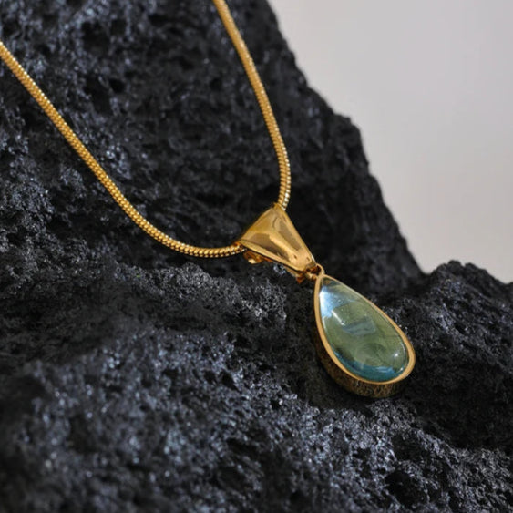 Yhpup elegante vidro verde cristal gota de água pingente colar para mulher 316l aço inoxidável fundido cor ouro moda jóias novo