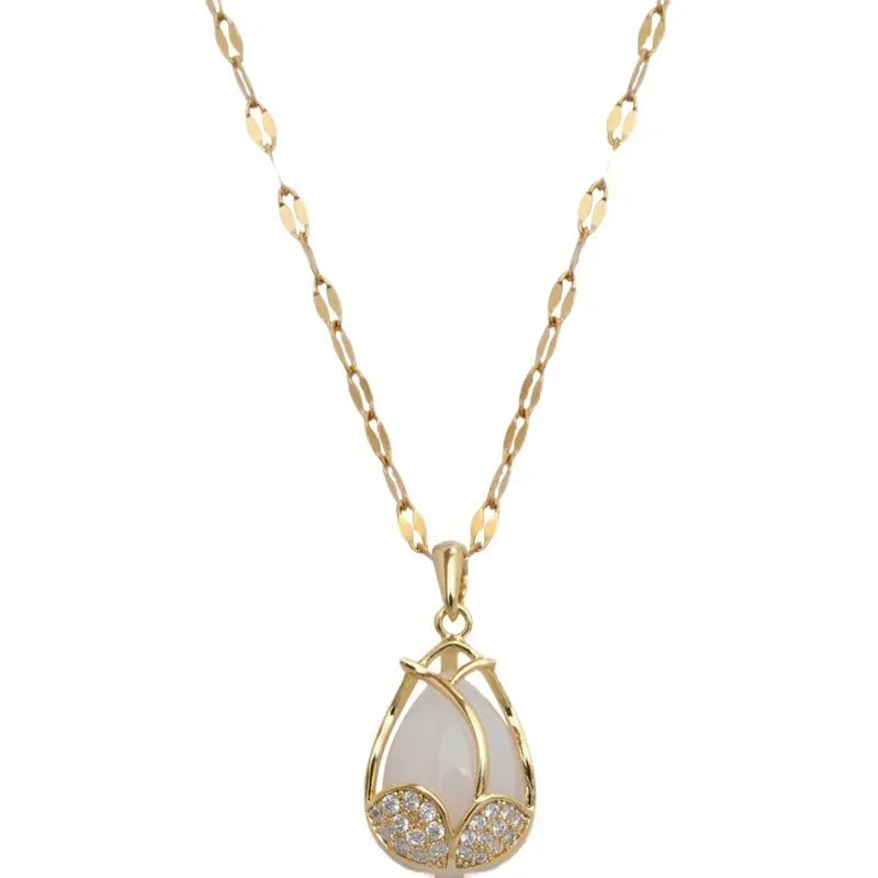 Colar Pingente Tulipa Rosa com Cristal e Opala