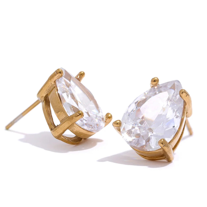 Yhpup shinny aaa zircônia cúbica de aço inoxidável gota água brincos feminino 18k banhado a ouro à prova dwaterproof água moda bling jóias